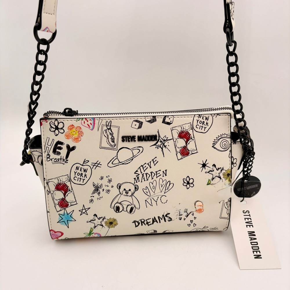 Steve Madden Graffiti Print BLEXI Crossbody Bag White Black Chain Strap Top Zip - Picture 1 of 12